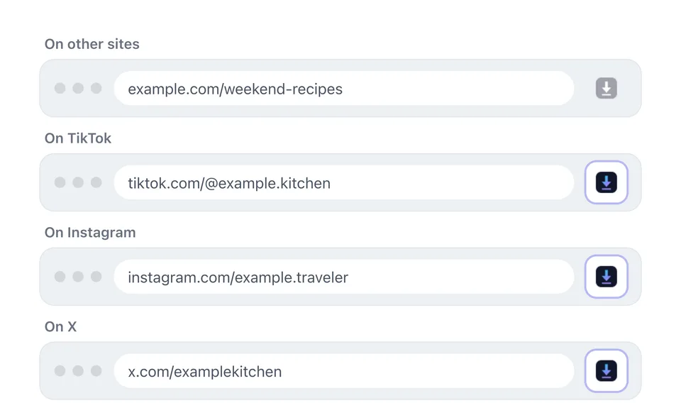 The GetSocialVideo icon muted on another site and lit up on TikTok, Instagram and X