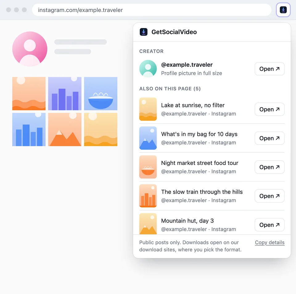 The GetSocialVideo popup on an Instagram profile, listing the account and five of its posts