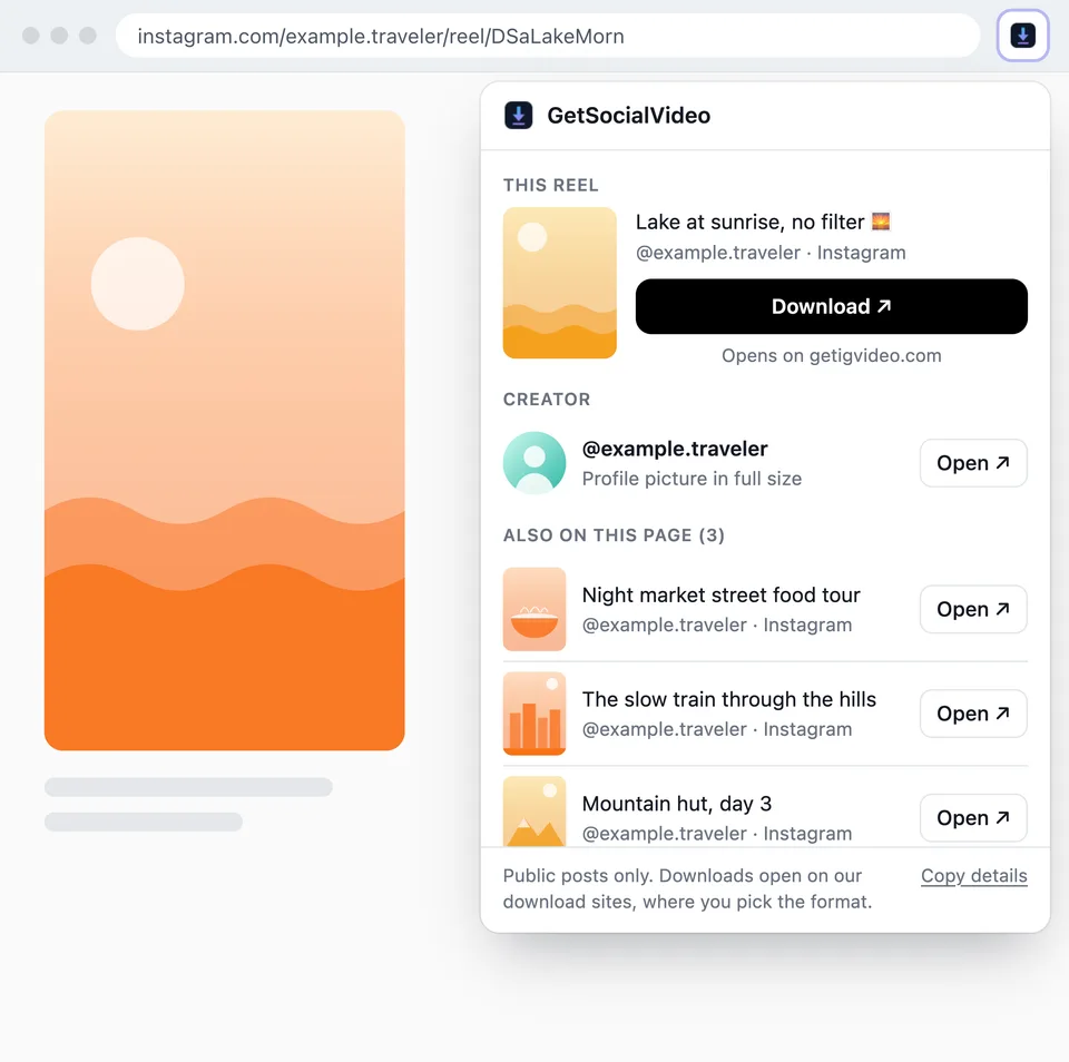 The GetSocialVideo popup open on an Instagram reel, listing the reel, its account and three other posts